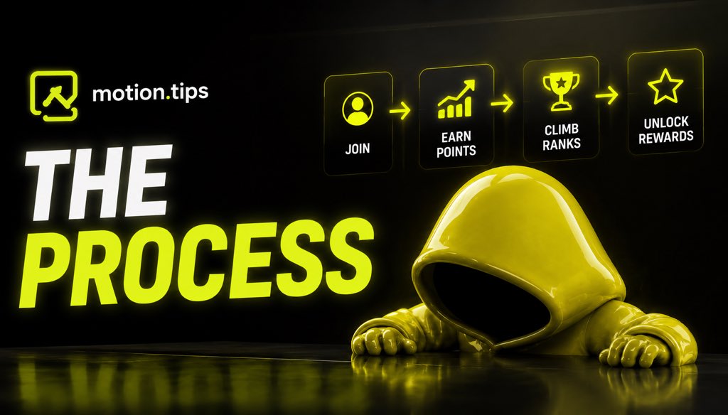 The image shows a promotional graphic for "motion.tips" titled "THE PROCESS" in bold yellow text, featuring a yellow 3D hooded figure emerging from a surface. At the top, four steps are illustrated: "JOIN" → "EARN POINTS" → "CLIMB RANKS" → "UNLOCK REWARDS," explaining how the TipFi tipping system works on X, where users mention @tipmotion with a ticker and amount to participate.