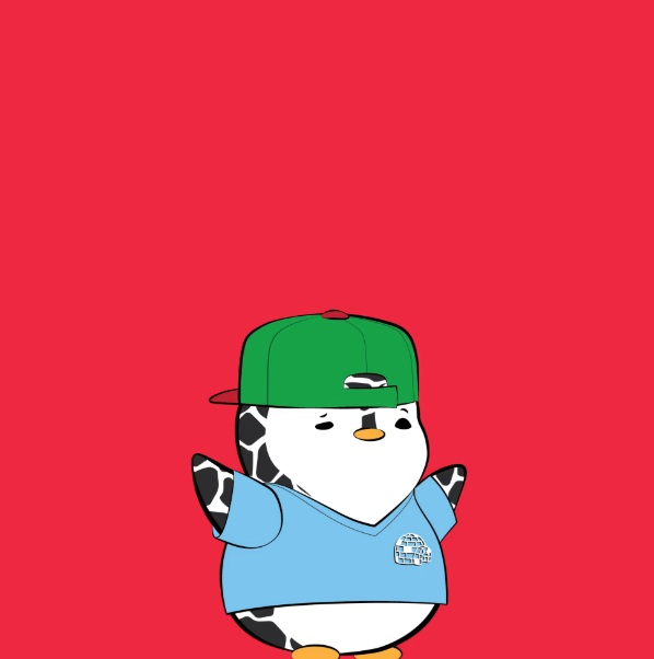 A cartoon illustration of a penguin character wearing a green backwards baseball cap and a blue shirt, set against a solid red background.