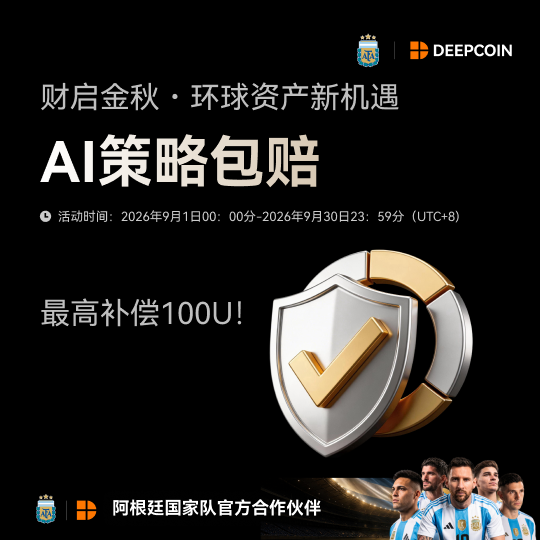 A DeepCoin advertisement in Chinese promoting an 'AI策略包赔' (AI Strategy Compensation) event running from September 1-30, 2026, offering up to 100U compensation, featuring the Argentina National Football Team as their official partner.