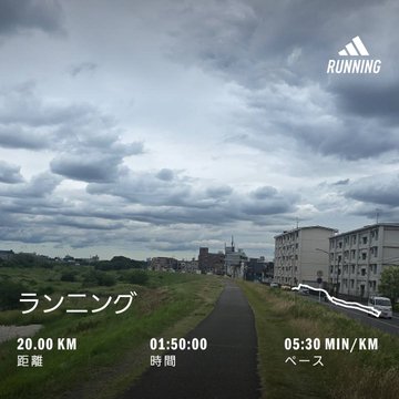 The image shows a path with a car driving down it, surrounded by buildings. The time shown on the image indicates that it was taken at approximately 5:30 min/km. The post also includes Japanese text, which might be related to the location or the runner's progress in the race.