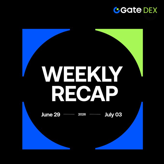 A promotional graphic for the Gate DEX Weekly Recap covering June 29 to July 03, featuring the GateDEX logo alongside bold "WEEKLY RECAP" text framed by a blue and green circular design on a black background, visually announcing the week's reward campaigns and trading opportunities highlighted in the accompanying post.