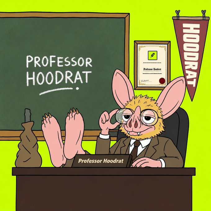 Professor Hoodrat, a bespectacled rat mascot in a brown suit, reclines behind a desk with feet propped up while examining a specimen through a monocle, with a nameplate and chalkboard bearing his title. A maroon "HOODRAT" pennant and diploma complete his classroom setup, embodying the casual "gm hoodrats" vibe with a scholarly twist.