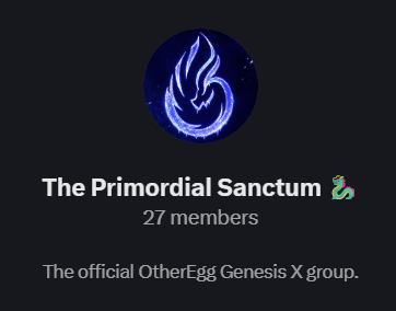 Screenshot of a Discord or community group called 'The Primordial Sanctum 🐉' with 27 members, described as 'The official OtherEgg Genesis X group' with a blue flame logo.