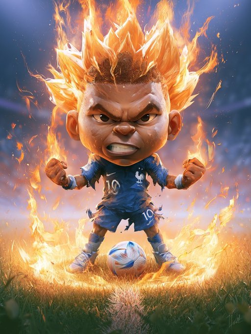 A dynamic digital artwork depicting a chibi-style soccer player with flaming spiky hair wearing a blue jersey with the number 10, standing with a soccer ball surrounded by fire on a grassy field.