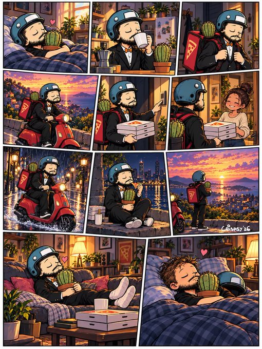 A comic-style illustration featuring a delivery driver in a helmet who travels on a red scooter and falls in love with a cactus.