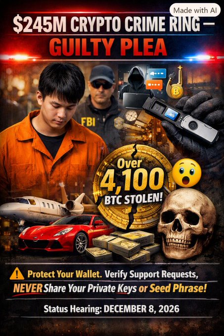 A clickbait-style graphic titled '$245M CRYPTO CRIME RING – GUILTY PLEA' featuring AI-generated faces, an FBI agent, a skull, and warnings about protecting crypto wallets and seed phrases, with a status hearing date of December 8, 2026.