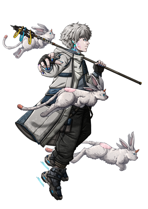 An anime-style illustration features a silver-haired man in a white coat holding a staff, accompanied by three small white unicorn-like creatures with horns.