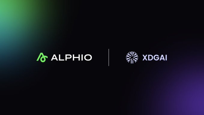 A promotional image on a dark background featuring a green glow on the left and purple glow on the right displays the logos "ALPHIO" and "XDGAI" side-by-side separated by a vertical line, illustrating the partnership between the two platforms in building an open, decentralized AI ecosystem.