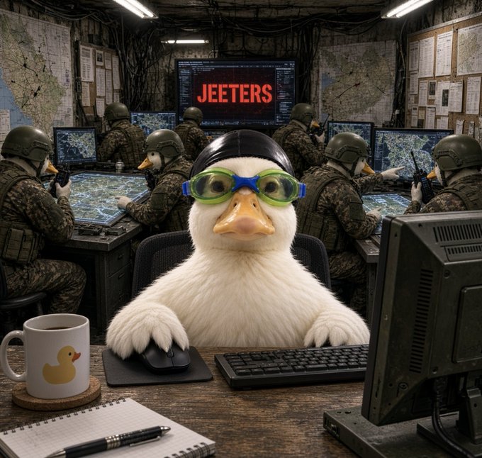 A surreal image of a duck wearing goggles and a black cap sitting at a computer desk, surrounded by soldiers in a war room, with a screen displaying 'JEETERS' in the background.