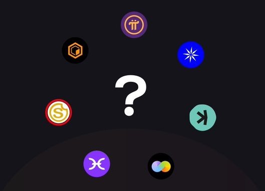 A collection of cryptocurrency logos including Pi, a hexagonal icon, Solana, Stellar, X (XRP), and other tokens arranged around a central question mark on a dark background.