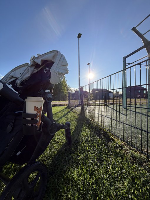 A black stroller parked on grass next to a metal fence, with the sun shining brightly in the background near a street lamp.
