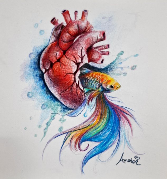 A colorful mixed-media illustration on white paper depicting an anatomical red heart alongside a vibrant betta fish with a flowing, multicolored rainbow tail in shades of blue, yellow, orange, and purple, signed "Amariz" in the bottom right.