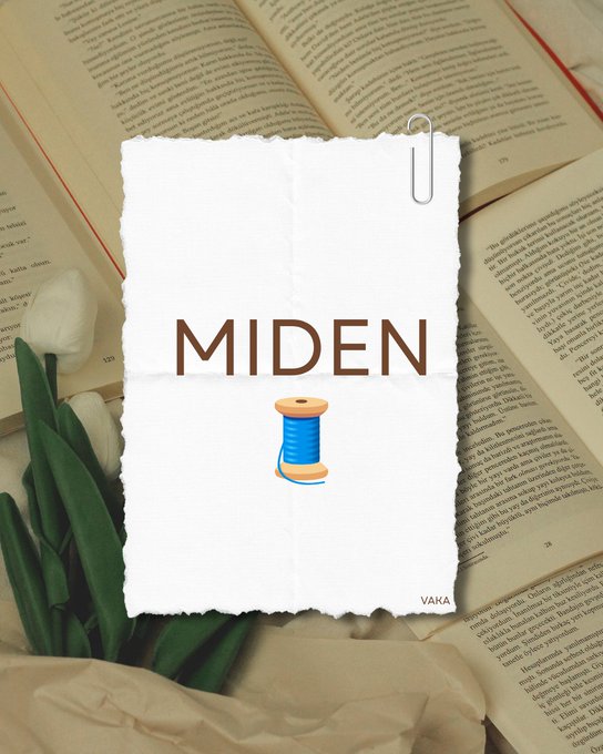 A torn paper note secured with a paperclip displays the word 'MIDEN' above a spool of blue thread, set against a background of open book pages, white tulips, and crumpled paper.