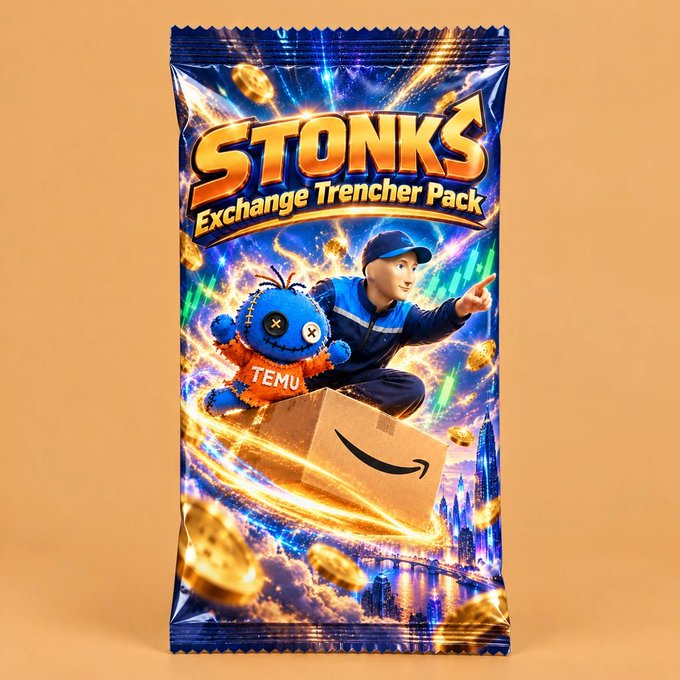 A colorful snack-style package labeled 'STONKS Exchange Trencher Pack' featuring a delivery person and a blue stuffed toy on an Amazon box, with gold coins and a stock-chart background.