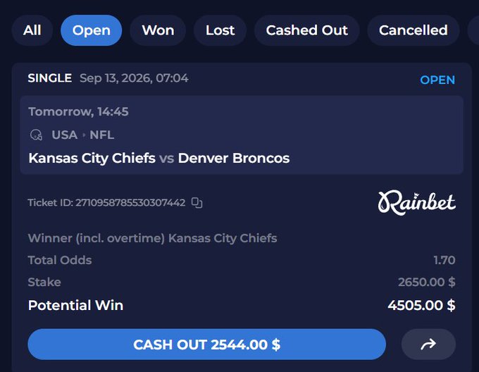 Screenshot of a Rainbet sports betting slip showing an OPEN SINGLE wager on Kansas City Chiefs vs Denver Broncos (NFL), with Total Odds 1.70, Stake $2,650.00, Potential Win $4,505.00, and a Cash Out option of $2,544.00.