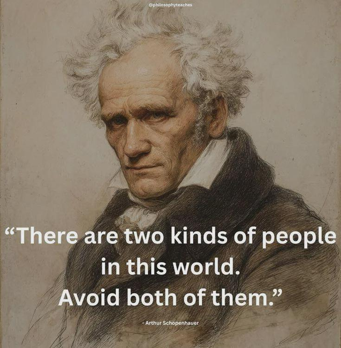 A portrait of Arthur Schopenhauer with a misattributed humorous quote reading, 'There are two kinds of people in this world. Avoid both of them,' credited to him at the bottom.