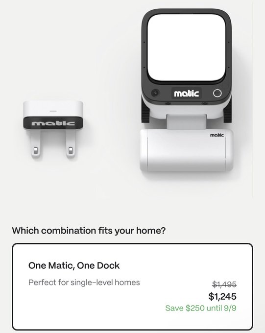 Product listing for a Matic robot vacuum, showing the device and charging dock, with pricing of $1,495 reduced to $1,245 for the 'One Matic, One Dock' package labeled 'Perfect for single-level homes.'