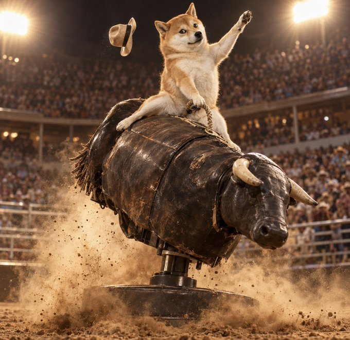 A Shiba Inu dog wearing a cowboy hat riding a mechanical bull in a stadium arena with a cheering crowd in the background.