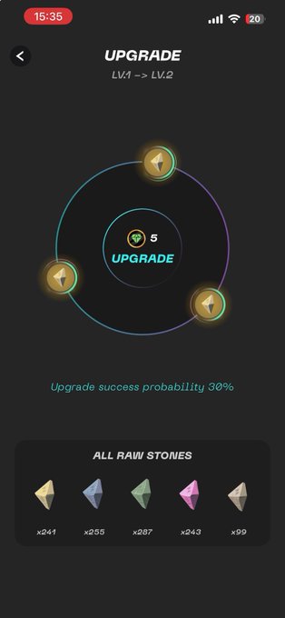iphone screen displays a black background with four gold circles and the word "Upgrade" in white text, accompanied by icons for "Livability" and "All Rain Stones".