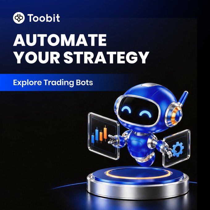 A blue robotic figure on a platform displays trading charts and settings icons, promoting Toobit's "AUTOMATE YOUR STRATEGY" feature with a call-to-action to "Explore Trading Bots," visually echoing the post's message about hands-free crypto trading automation.