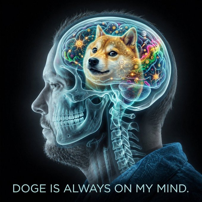 A man's skull x-ray reveals a Shiba Inu inside his brain surrounded by colorful circuit patterns, visually expressing the caption "DOGE IS ALWAYS ON MY MIND" with reference to the $DOGE meme token.