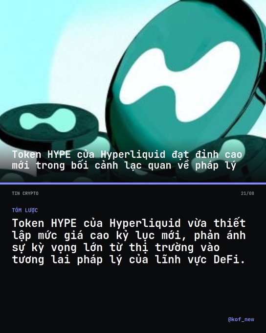 A Vietnamese-language crypto news graphic shows a 3D render of teal Hyperliquid tokens with text reading 'Token HYPE của Hyperliquid đạt đỉnh cao mới trong bối cảnh lạc quan về pháp lý' and 'TIN CRYPTO' by @kof_new.