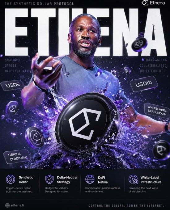 An advertisement for Ethena, a synthetic dollar protocol, featuring a muscular Black man in a tank top amid purple shattered glass, with text including 'ETHENA', 'USDe', 'USDtb', 'Synthetic Dollar', 'Delta-Neutral Strategy', 'DeFi Native', 'White-Label Infrastructure', and 'CONTROL THE DOLLAR. POWER THE INTERNET.'