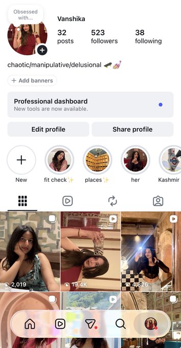 An Instagram profile screenshot of user "Vanshika" showing 523 followers, 38 following, and 32 posts, with a bio reading "chaotic/manipulative/delusional." The caption celebrates 60 days of posting and +500 followers, matching the modest follower count visible on the profile.