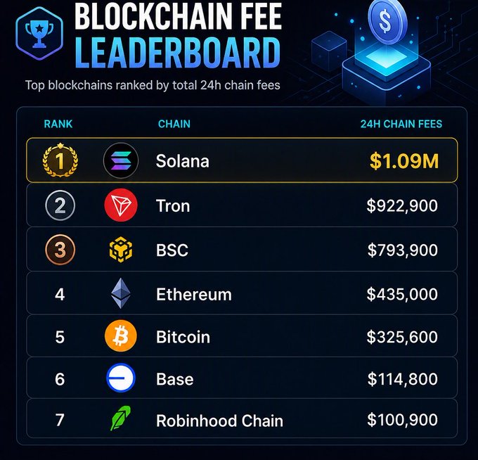 Blockchain Fee Leaderboard ranking top blockchains by 24-hour chain fees, with Solana ($1.09M), Tron ($922,900), BSC ($793,900), Ethereum ($435,000), Bitcoin ($325,600), Base ($114,800), and Robinhood Chain ($100,900).