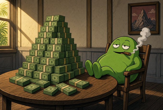An illustration of a green Pepe-like character smoking a cigar while sitting in a chair next to a large pyramid of cash stacks on a wooden table.