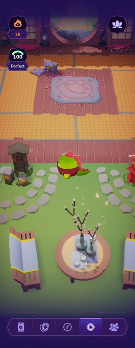 A screenshot from a mobile game displaying a top-down view of a small green character standing on a stage near some bamboo plants, with various UI elements including a score of '100 Perfect'.