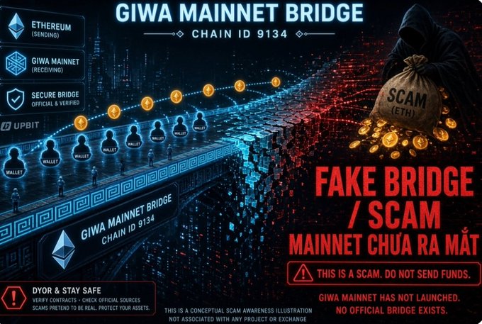 A scam awareness graphic warning about a fake 'GIWA MAINNET BRIDGE' with Chain ID 9134, displaying 'FAKE BRIDGE / SCAM' and 'MAINNET CHƯA RA MẮT' in red text.