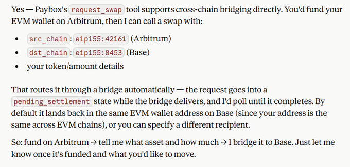 A text snippet explains how to use Paybox's 'request_swap' tool for cross-chain bridging, detailing the use of 'src_chain: eip155:42161 (Arbitrum)' and 'dst_chain: eip155:8453 (Base)'.