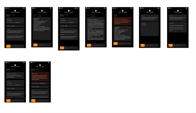 Eight mobile app screenshots showing transaction confirmations and error messages with orange toast notifications on dark-themed interfaces.