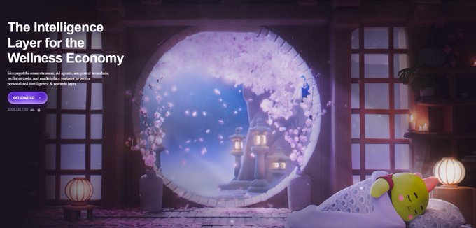 An anime-style promotional banner with text 'The Intelligence Layer for the Wellness Economy' and a description of 'TheBox,' featuring a dreamy scene of cherry blossoms and a cute yellow character sleeping.