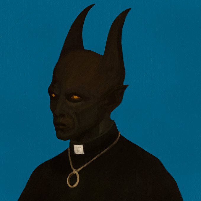 A digital painting of a dark, demonic figure with pointed horns, glowing yellow eyes, and a clerical collar with a pendant against a teal background.