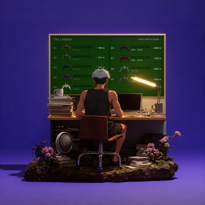 The image depicts a person at a desk analyzing a green "THE LADDER" leaderboard showing nine ranks with depths from -100m to -900m, most marked "SEALED" except ranks 06 and 07 which read "CORE TAKEN," with the prompt "Hold a seam to sample." This visually represents the user's investigation into @hoodminers_rh and the additional competitive layer @NucleusCodes adds through its leaderboard system on Robinhood Chain.