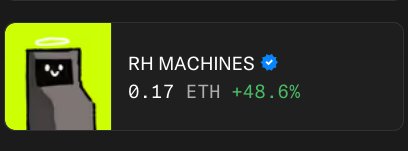 Digital trading card displaying 'RH MACHINES' with a verified checkmark, priced at 0.17 ETH, showing a +48.6% gain.