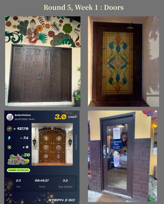 A StepN 'Round 5, Week 1: Doors' challenge compilation showing various door photographs including ornate wooden doors, a stained glass door, and a glass storefront door, alongside user BubilWillow's stats of 3.0 GST/Min and +137.70 earnings.