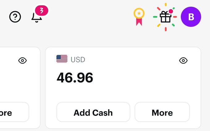 A screenshot of a financial app interface showing a USD balance of 46.96, with "Add Cash" and "More" buttons visible.