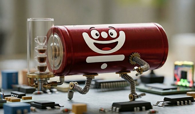 The image shows an animated red soda can character with a smiling face, mechanical legs, and what appears to be energy or fuel mechanisms, standing on a workbench surrounded by electronic components and circuit boards.

This whimsical illustration cleverly represents the concept of "Energy Rental" from JustLend DAO on the TRON blockchain—the can personifies the "energy" resource used to power smart contract transactions, while the circuit board setting symbolizes the blockchain infrastructure. The anthropomorphized energy source humorously visualizes how JustLend DAO's rental service helps traders overcome the "high gas fees" hurdle by providing cost-efficient energy to execute trades.