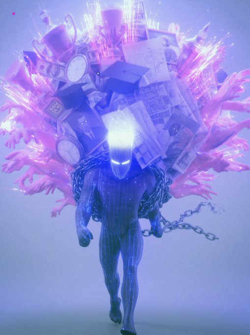 A digital artwork featuring a glowing humanoid figure carrying a massive bundle of city buildings, clocks, and pink hands on its back.