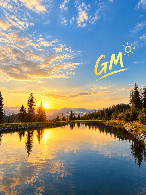 A sunrise over a mountain lake reflecting the sky and trees, with a 'GM' (Good Morning) graphic overlaid in yellow.