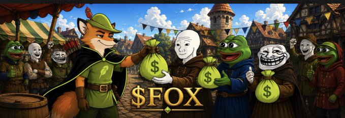A cartoon fox in green attire hands money bags to a crowd of Pepe and Trollface meme characters in a medieval marketplace setting, with the "$FOX" logo prominently displayed beneath them.

The image visually supports the post by depicting $FOX (the fox) as a confident "alpha" figure distributing wealth and attention to the broader meme coin community, symbolizing the token's potential to stand out and attract market interest among other established meme characters.