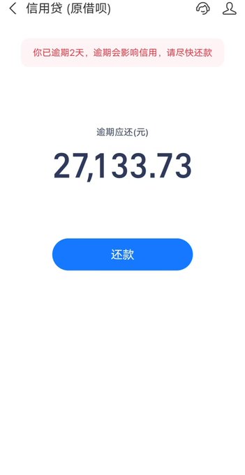 A screenshot of a loan page showing an overdue debt of 27,133.73 元 (yuan), with a warning that the payment is 2 days late, illustrating the financial ruin caused by the poster's two-year gambling addiction on blockchain investments.