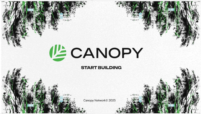 Canopy 'START BUILDING' webpage design with green and black abstract ink-like graphics and 'Canopy Network© 2025' copyright text.