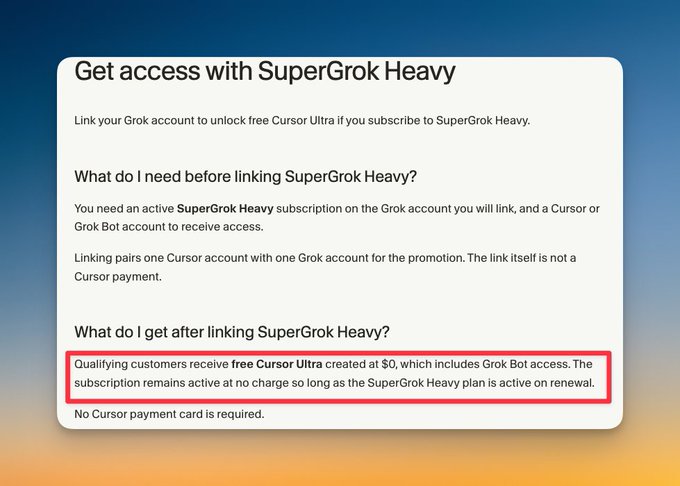 A screenshot of a promotional webpage titled "Get access with SuperGrok Heavy," offering a free Cursor Ultra subscription when linking a Grok account. A red box highlights text explaining the no-cost offer.