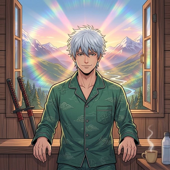 Anime-style illustration of a white-haired man in green pajamas standing in a cabin with swords, overlooking a vibrant mountain landscape.