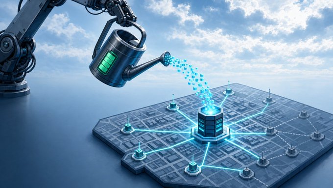 A robotic arm holds a watering can with a green battery icon, pouring glowing blue digital droplets onto a central node that connects to a network grid on a circuit board.