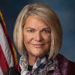 An official portrait photograph of a smiling woman with short blonde hair wearing a dark blazer and a purple paisley scarf, with an American flag visible in the background.